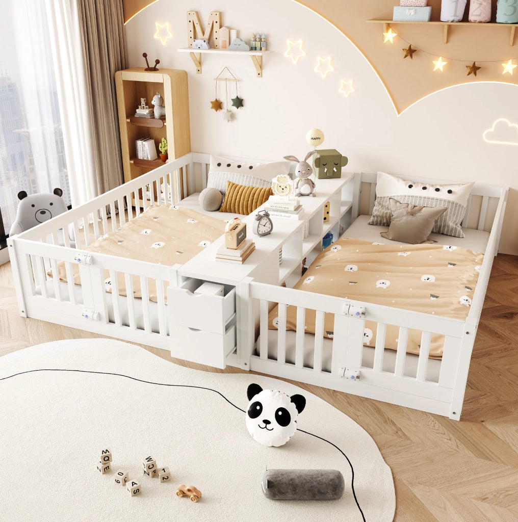 LETTO Doppio 90x200 cm in legno bianco con scaffale e 2 cassetti
