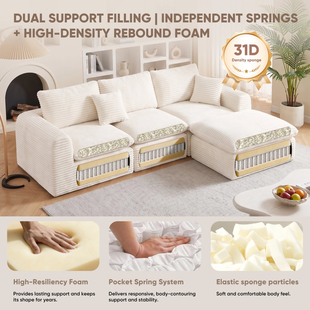 Divano d'angolo 3 posti 280 x 180 cm, 3 moduli, velluto a coste beige, schiuma e molle