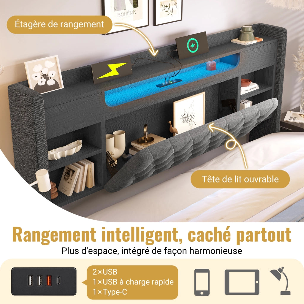 Letto contenitore 180×200 cm con LED; USB; USB-C e vani; senza materasso; grigio