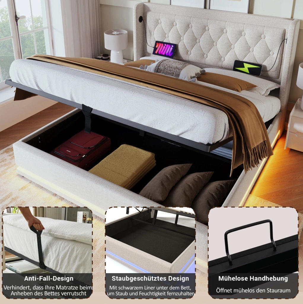 LETTO Contenitore 180x200 cm Cotone Beige con USB e LED