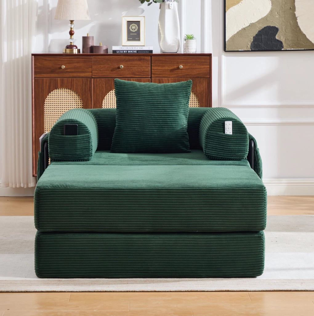 Divano modulare velluto a coste verde con pouf, cuscino e tasca laterale