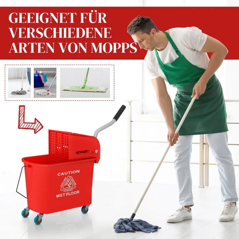 Secchio per mop da 20 L con strizzatore e manico, su ruote, in plastica, rosso