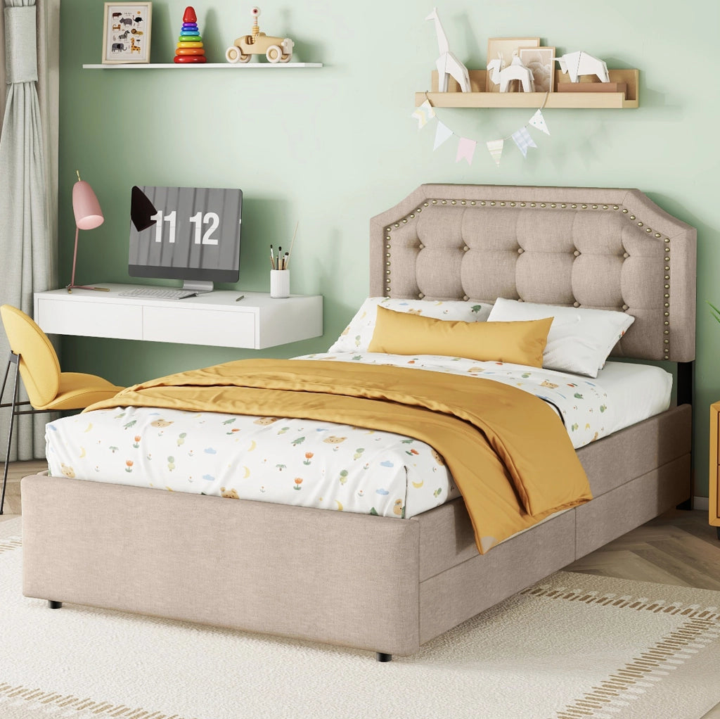 Letto imbottito 90x200 cm con cassetti, design elegante e testata regolabile