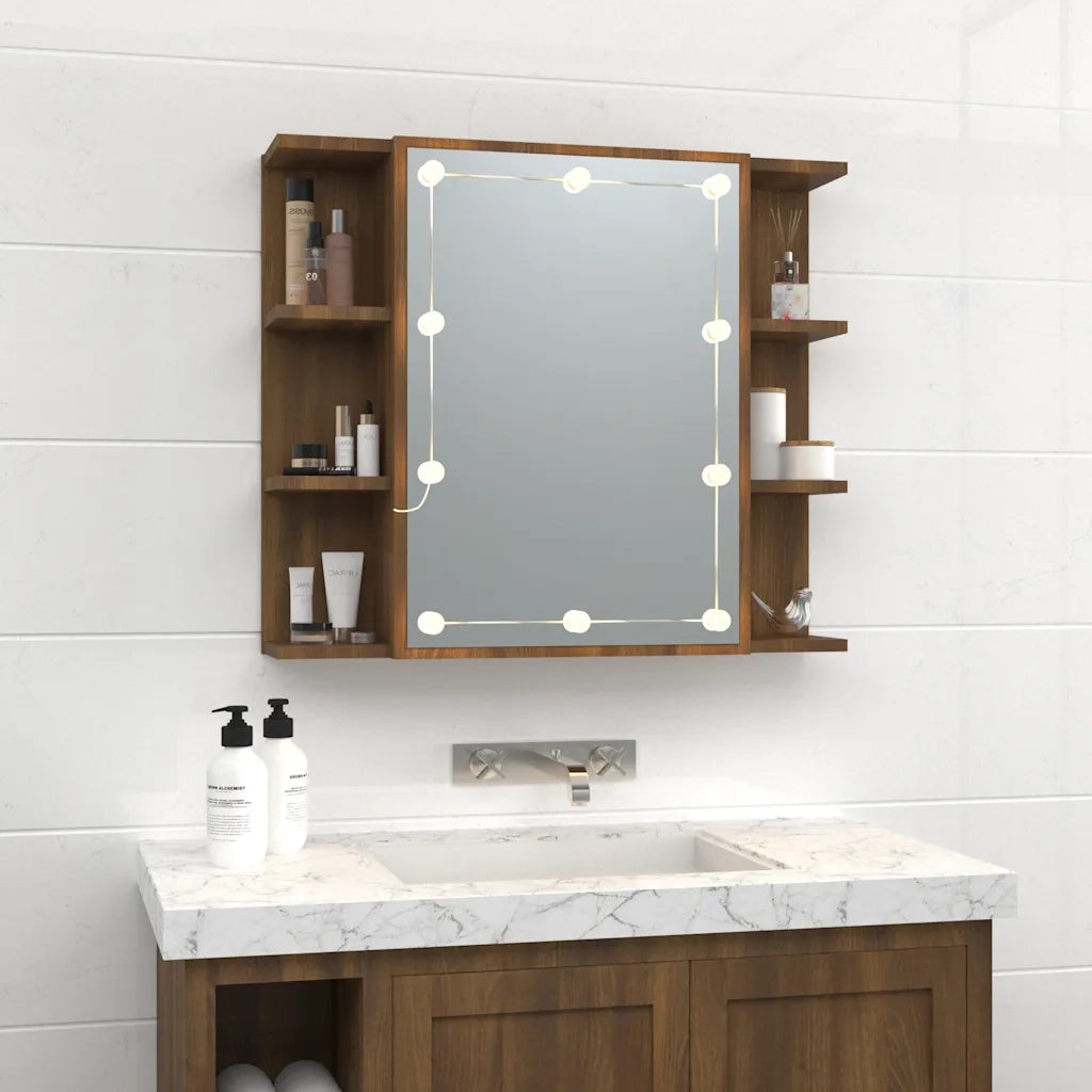 Mobile a Specchio con LED Rovere Marrone 70x16,5x60 cm 820453