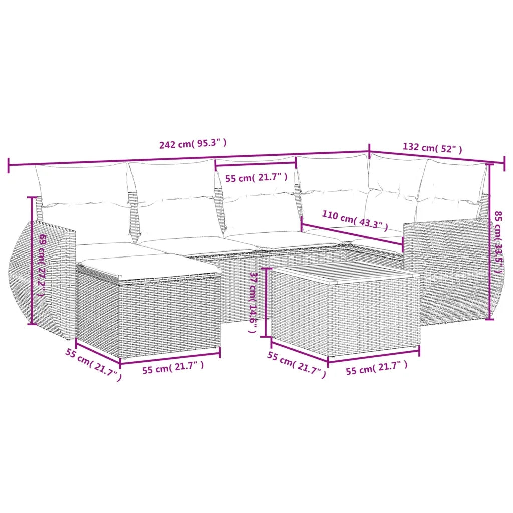 Set Divani da Giardino 7 pz con Cuscini Beige in Polyrattan 3225106