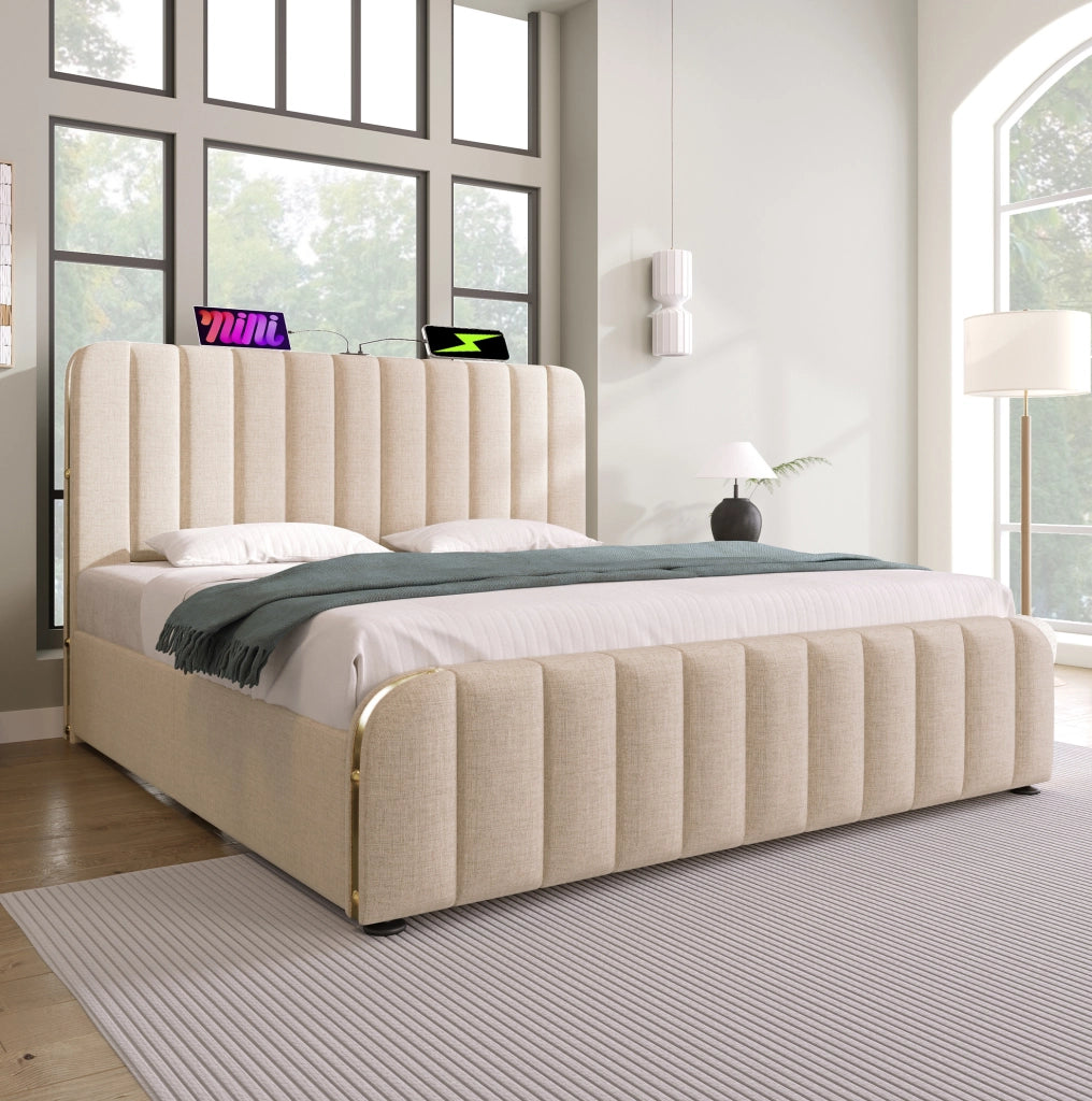 LETTO Contenitore 180x200 cm Beige in lino con USB Type-C