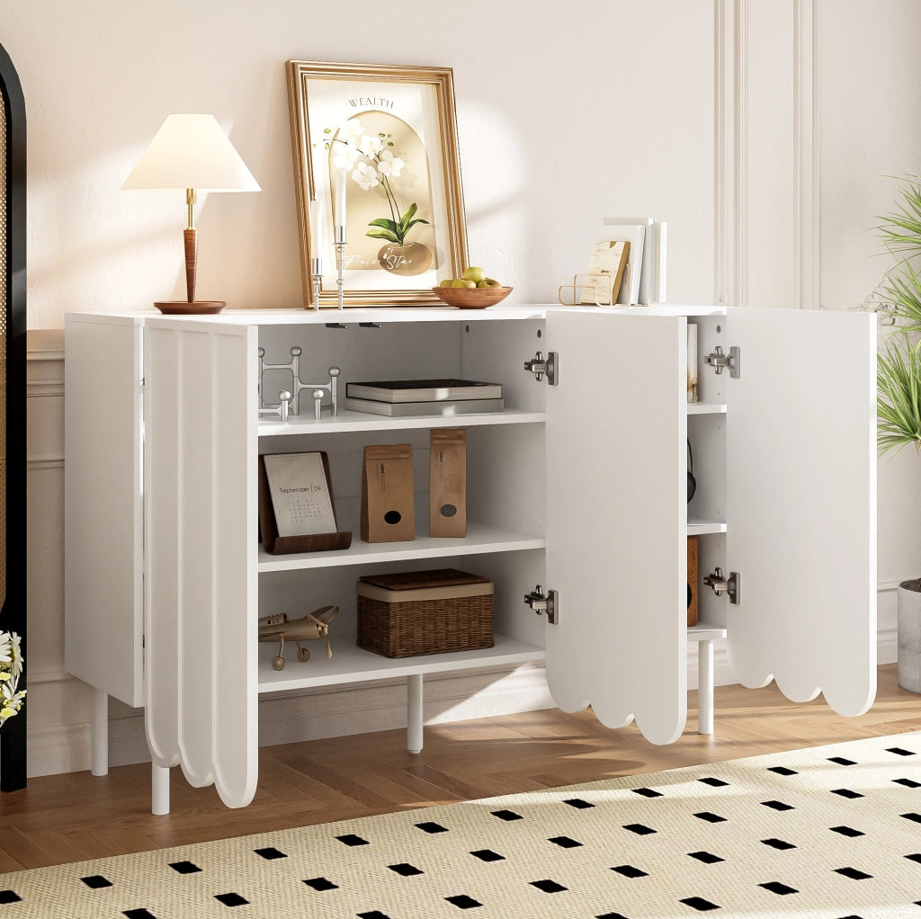 Credenza 120x35x80 cm con ante ondulate e ripiani regolabili in MDF bianco