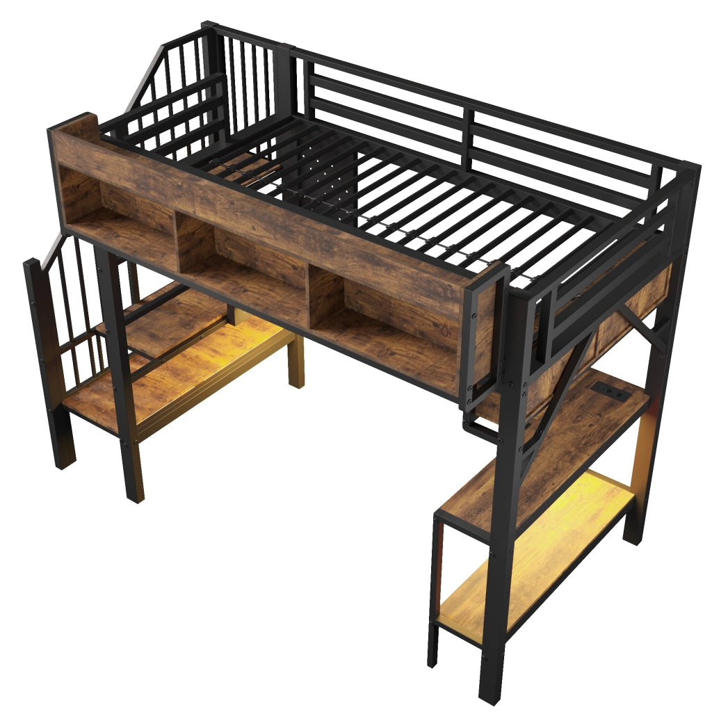 Letto a soppalco 90x200 cm con scrivania angolare; marrone e nero