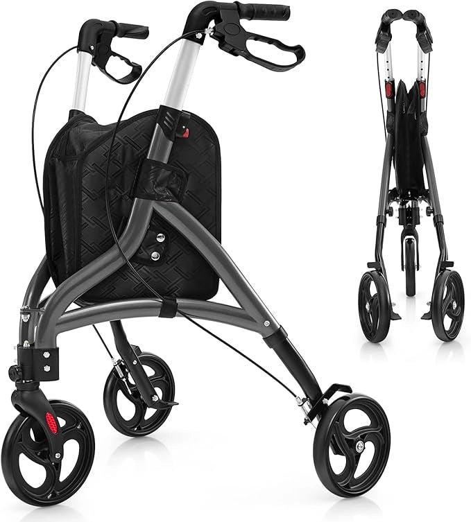 Deambulatore per Anziani in Alluminio Ultraleggero a 3 Ruote, Rollator per Anziani Pieghevole e Regolabile in 6 Livelli 86-96 cm con Borsa e Ruote Bloccabili, Portata 136 kg (Grigio)