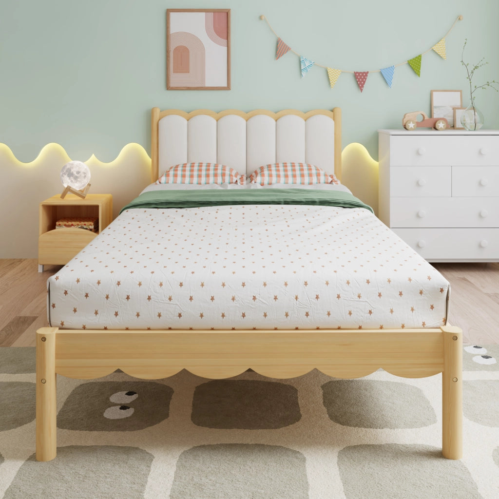 Letto imbottito per bambini con testiera in PU e doghe, 90x200 cm, beige