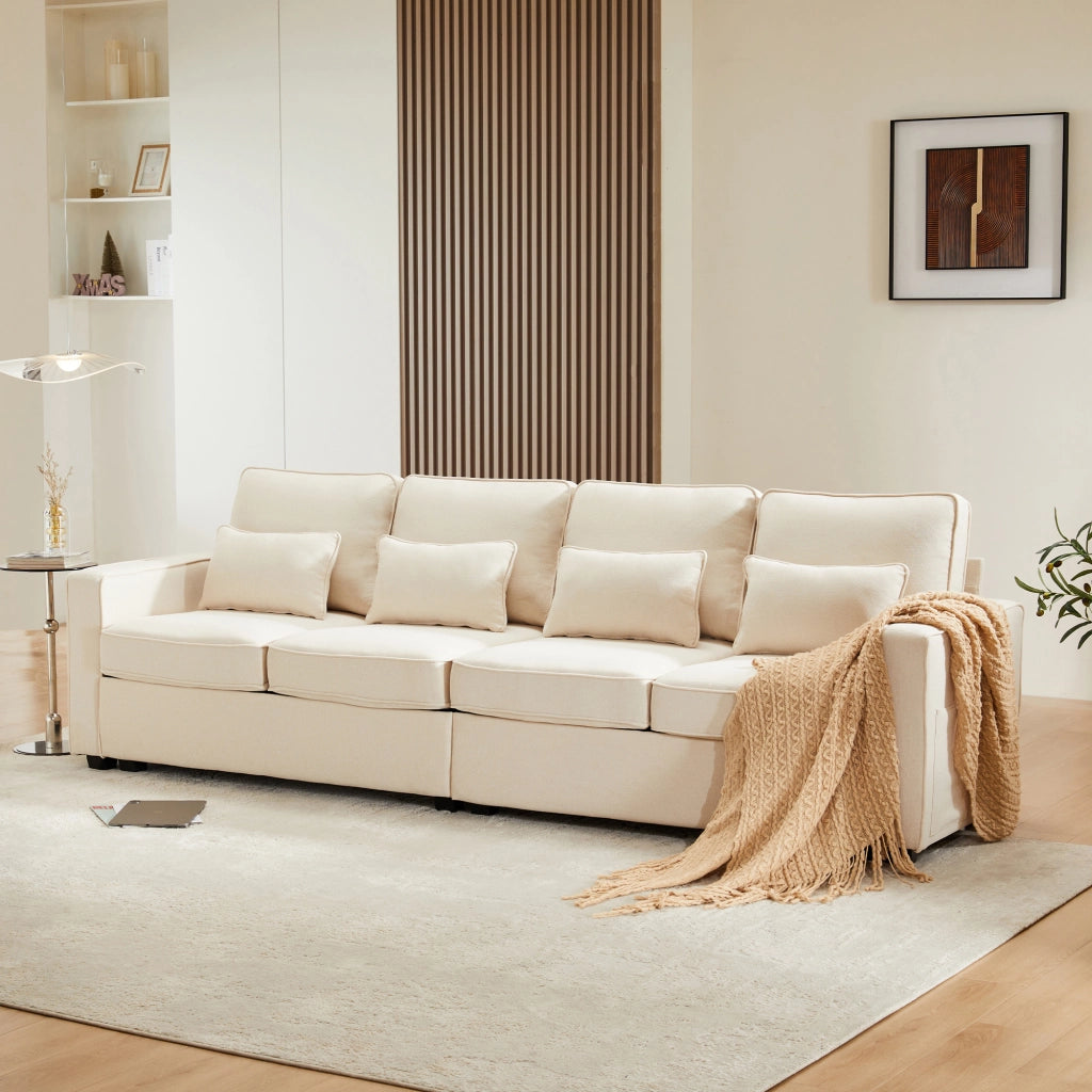 Divano 4 posti in tessuto di lino beige con tasche laterali e 4 cuscini, 264x83x87 cm