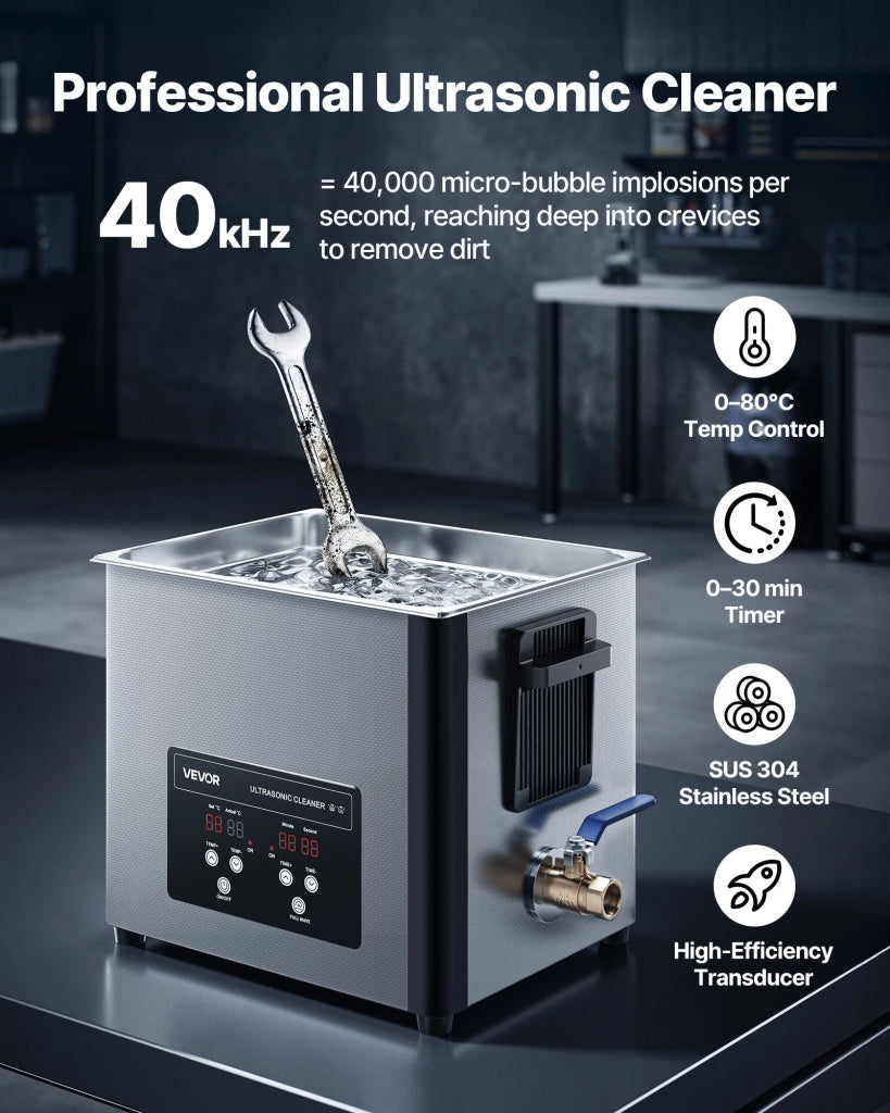 Pulitore a Ultrasuoni 10 L TH-40ATP in Acciaio Inox con Cestello e Display Digitale 40 kHz 180W Riscaldamento per Officina e Fai da Te