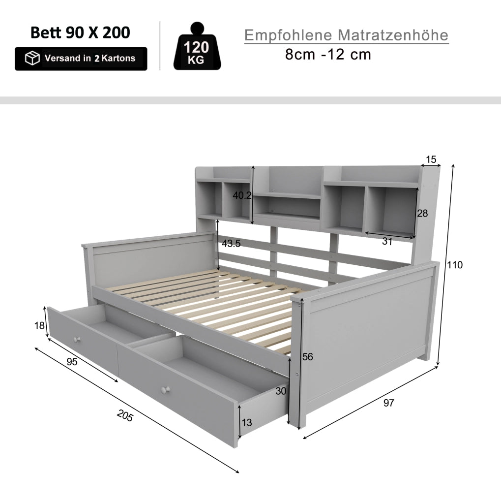 Letto divano singolo 90x200 cm con cassetti e ripiani grigio