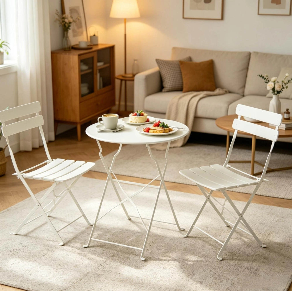 Set bistrot pieghevole da esterno crema, tavolo e 2 sedie