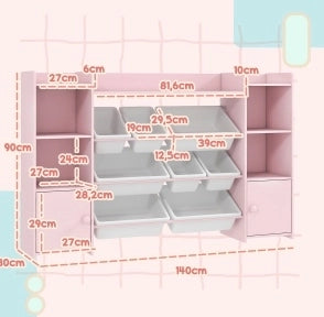 Scaffale per bambini 140x30x90 cm in MDF e metallo rosa con 8 contenitori