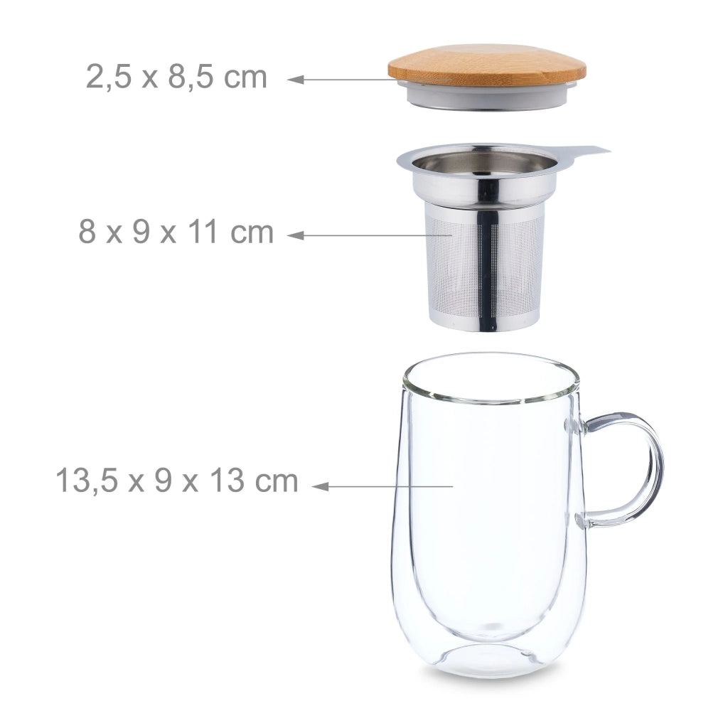 Tazza da tè a doppia parete con pratico coperchio 13 x 8 x 8 cm in vetro trasparente 13_0016473