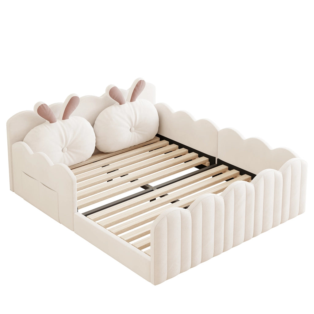 Letto per Bambini 140x200 cm, con Cuscino a Orecchie di Coniglio e Sponde - Beige