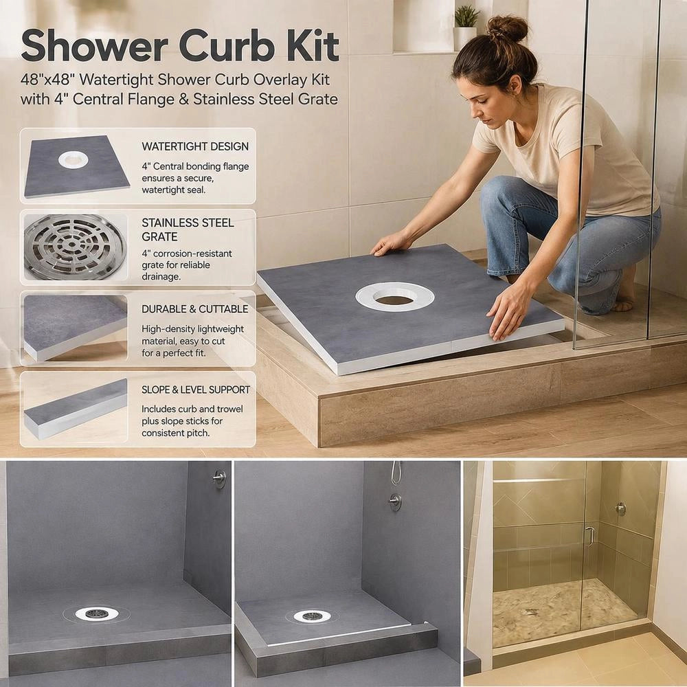 Shower Threshold Set, 48 X 48 Inch Waterproof Shower Threshold Pad With 4 Inch PVC Center Flange, 4 Inch Stainless Steel Grid, 2 Cuttable Shower Thresholds And Trowel, Shower Tray Slope Bars Suitable For Bathtub