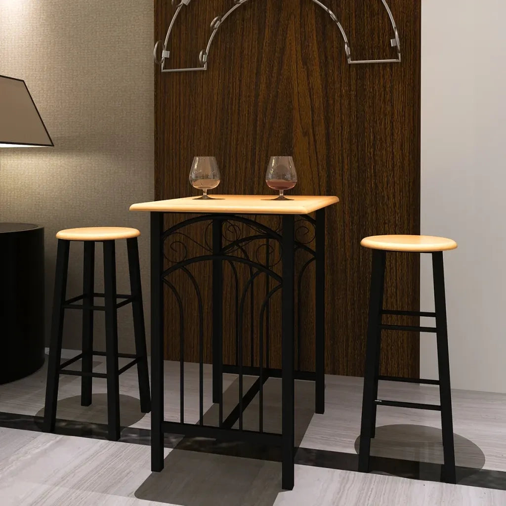 Tavolo e Sgabelli da Bar Set 3 pz in Legno e Acciaio 275403
