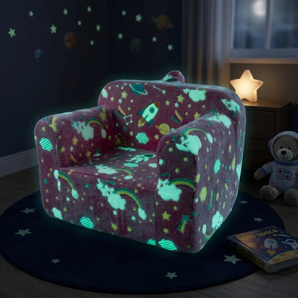 Poltroncina per bambini rosa con braccioli; rivestimento lavabile e motivo luminoso