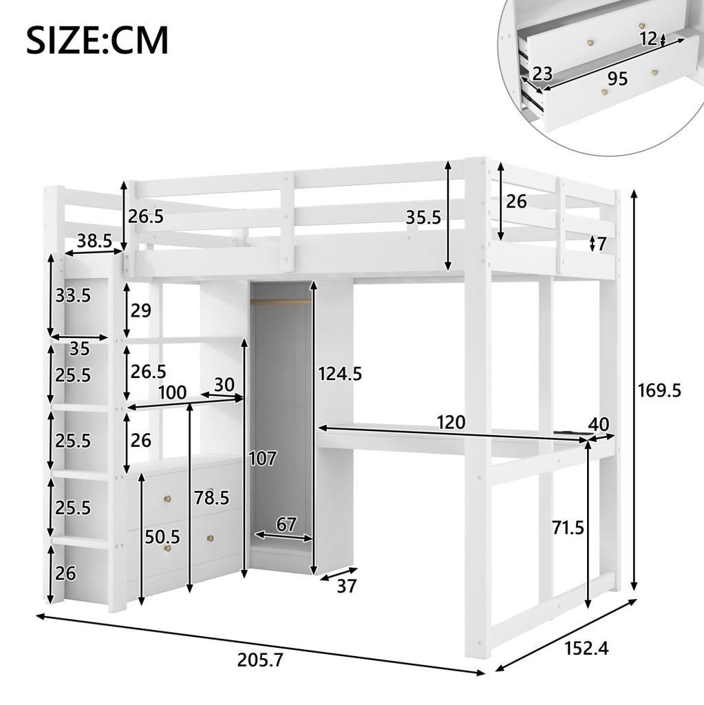 Letto a soppalco 140x200 cm con scrivania; LED; USB; 2 cassetti e ripiani; bianco