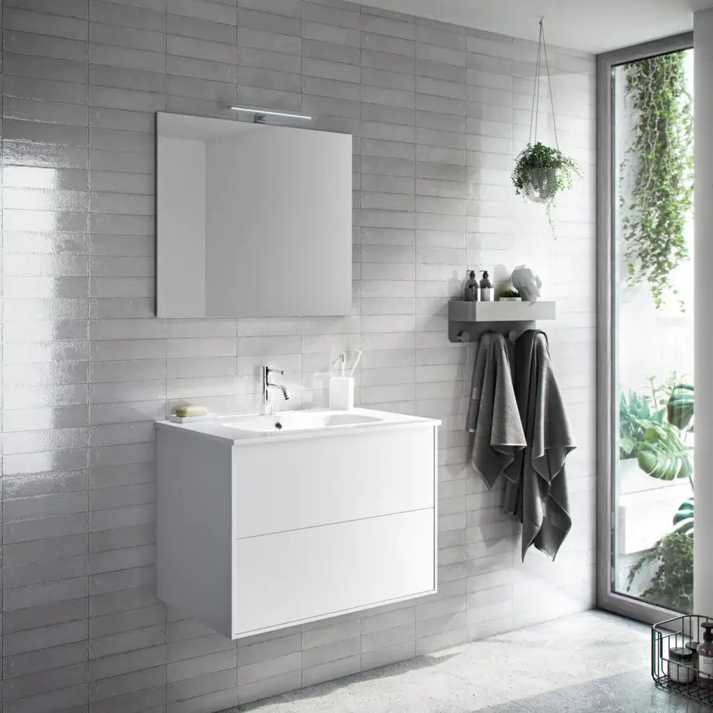 Mobile Bagno 60cm Sospeso Due Cassetti e Specchio - Bianco Opaco