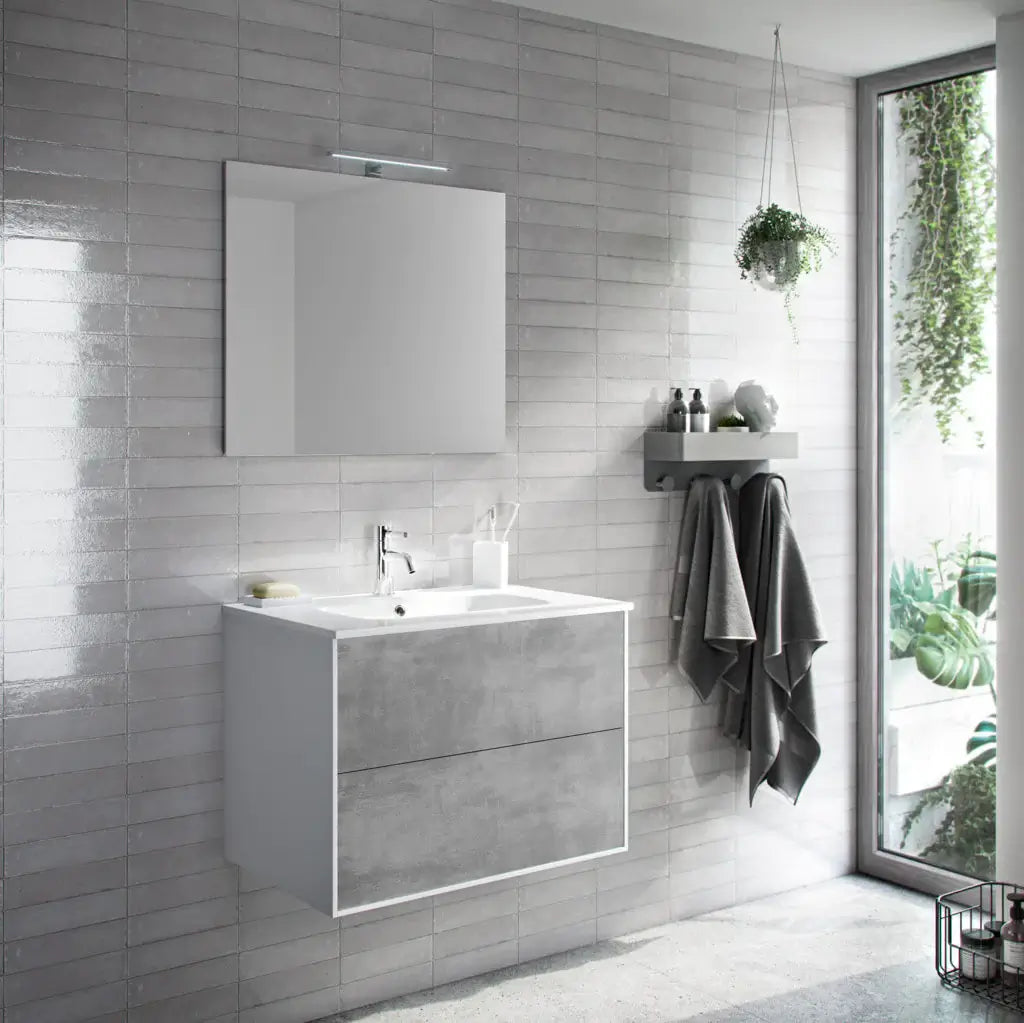 Composizione Mobile Bagno 70cm Sospeso Due Cassetti e Specchio - Cemento