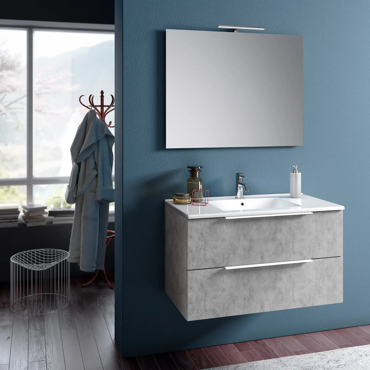 Composizione Bagno 80cm Sospesa Con Due Cassetti E Specchio Con Lampada - Cemento