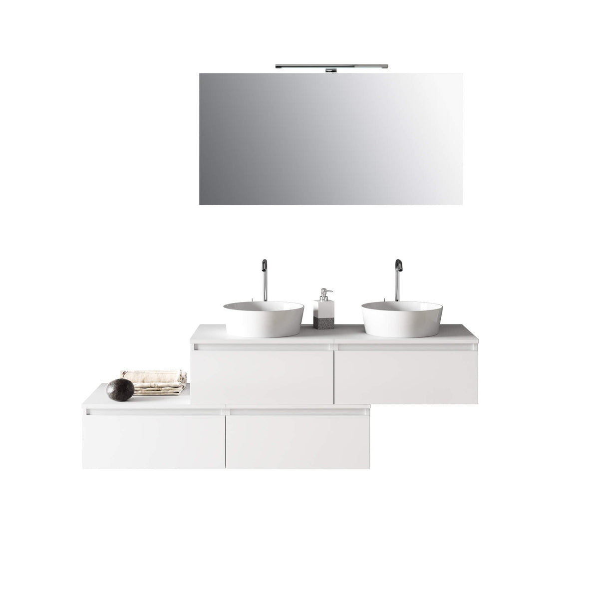 Mobile Bagno 160cm Con Doppio Lavabo, 4 Basi Con Cassetti E Specchio Con Lampada - Bianco