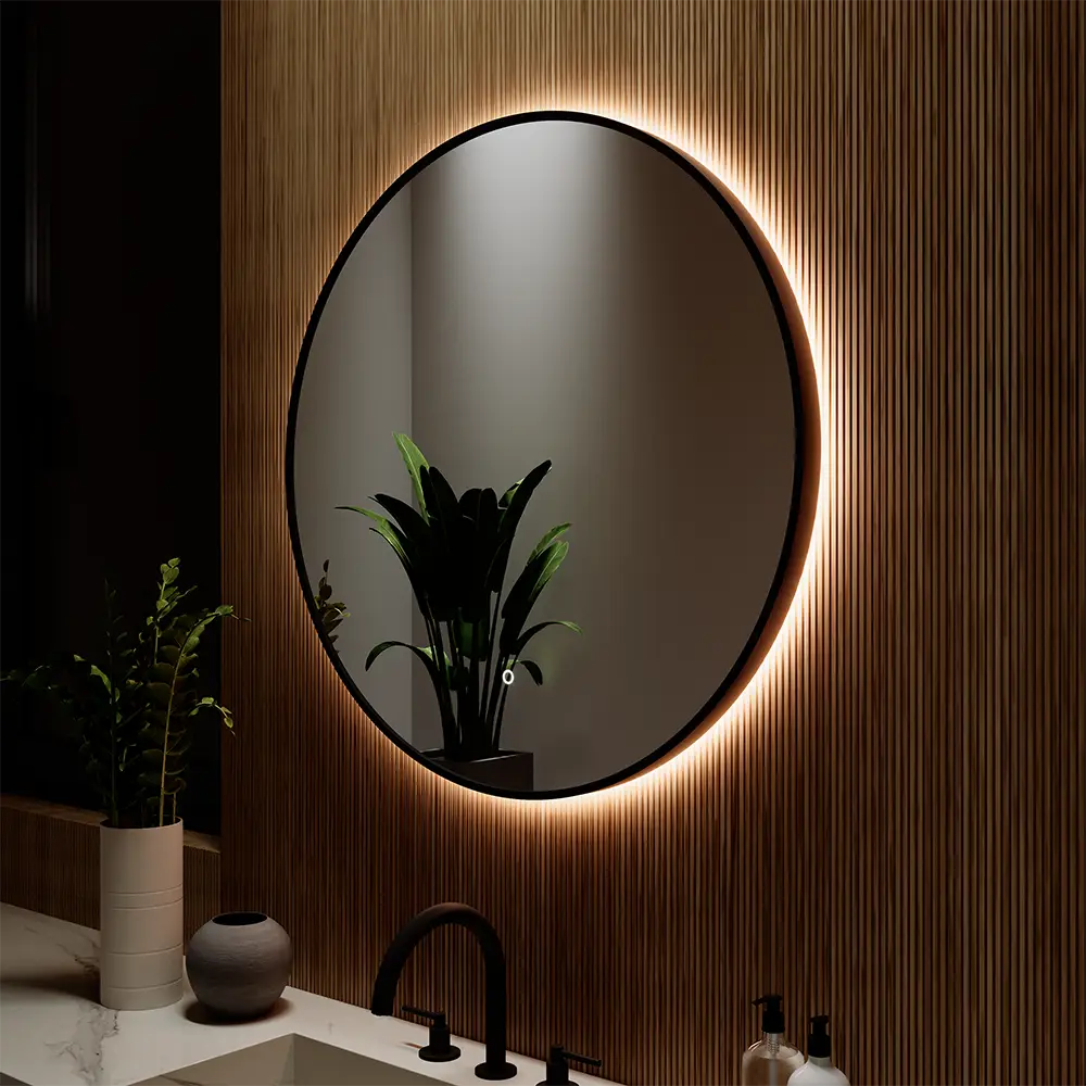 Specchio led tondo Ã˜ 80 cm con cornice nero opaco retroilluminato sensore touch-screen